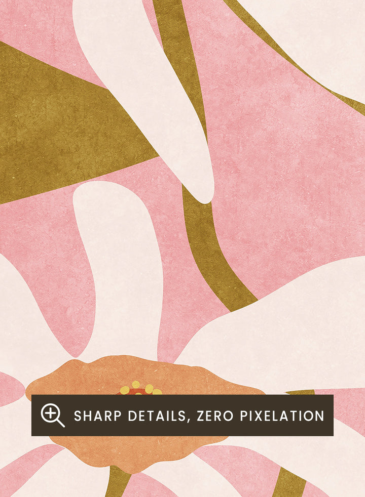 Two white flowers with green stems on a pink background. Abstract Flowers I by Raissa Oltmanns is a modern floral art print featuring white blooms on pink in contemporary botanical wall poster style.