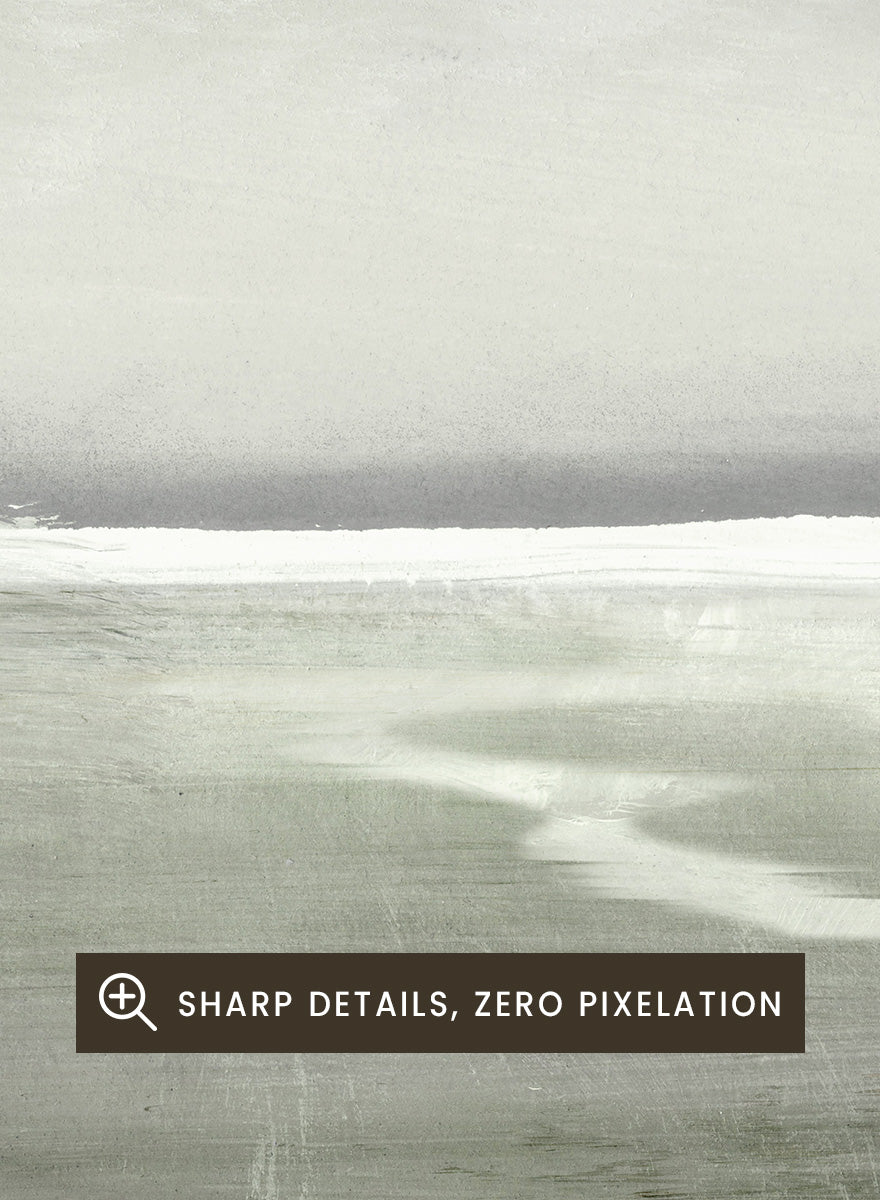 Shop Lakes No. 01 by Dan Hobday, a misty landscape art print featuring muted green water, distant hills, soft trees, and layered atmospheric texture.
