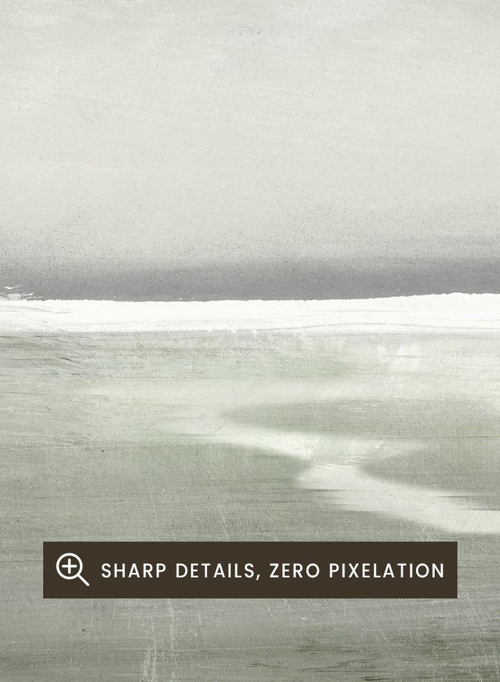 Shop Lakes No. 01 by Dan Hobday, a misty landscape art print featuring muted green water, distant hills, soft trees, and layered atmospheric texture.