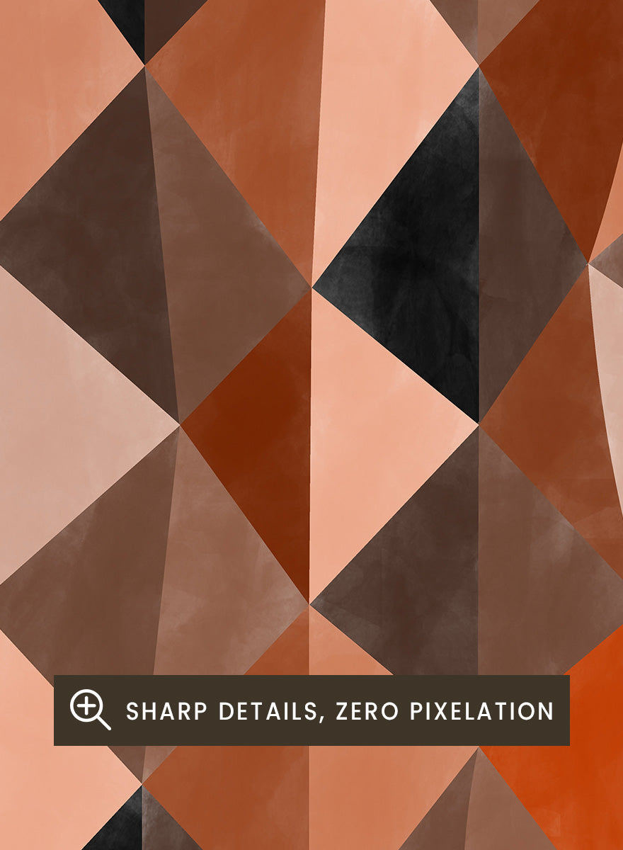 Shop Warm Earthy Geometry by Elena Ristova, a modern abstract wall art print poster featuring layered diamond patterns in rust, brown, cream, pink, and black.