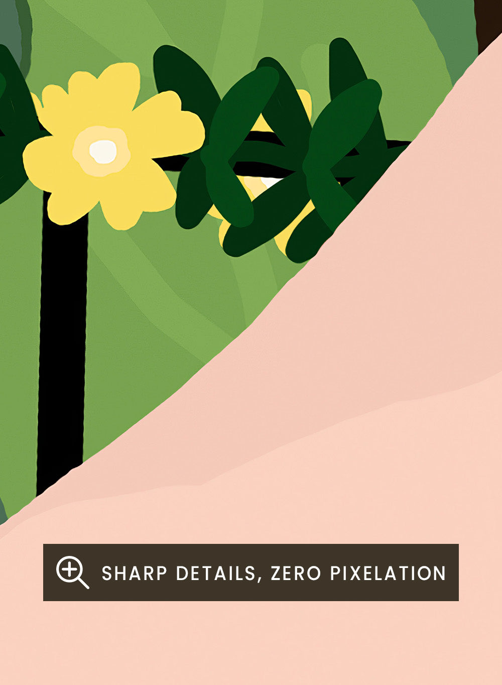 Illustration of a woman sitting by a pool with flowers and birds in a colorful garden setting. Morning on the Balcony by Rafaela Mascaro fine art print poster featuring woman with coffee, birds, lush greenery, botanical scene, modern contemporary wall art.