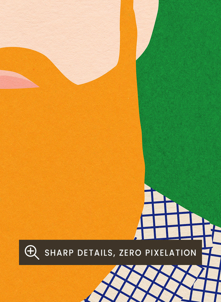 Illustration of a man with a beard wearing a checkered jacket and blue tie on a green background. Men From Barber Shop by Rosi Feist is a bold minimalist portrait art print with modern pop color, Bauhaus design, officially licensed fine art poster.
