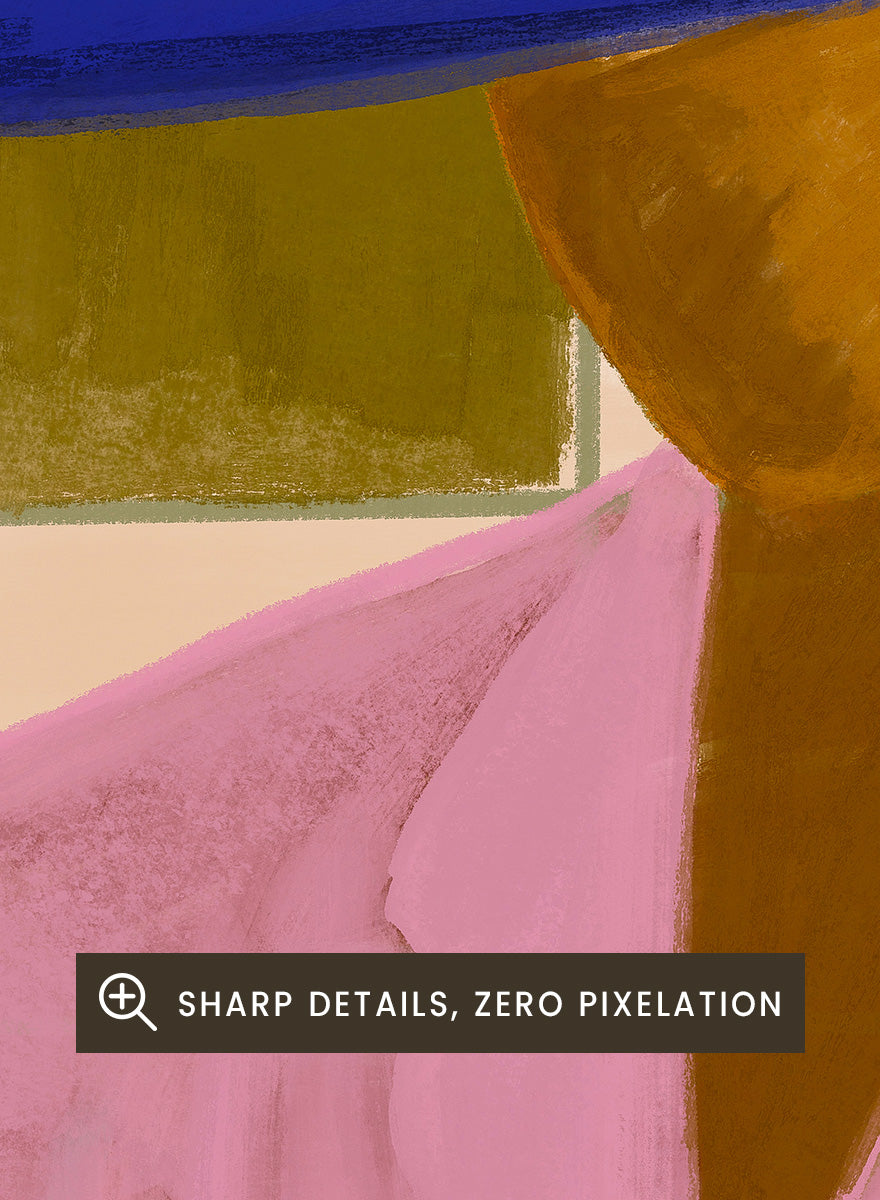 A stylized painting of a seated figure wearing a wide blue hat and pink top, with a red couch and a beige-and-olive checkered wall behind them. Blue Hat Chic by The Art Concept portrait art print featuring a cobalt blue hat, pink jacket, checkerboard backdrop, and bold modern color.