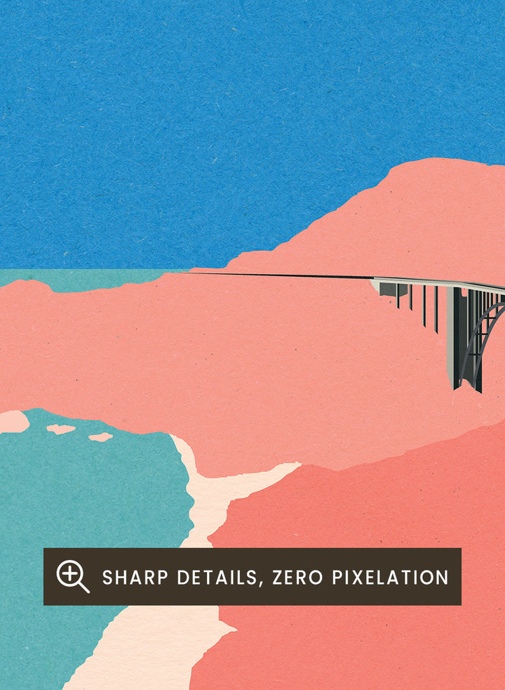 Artistic illustration of a coastal road with cliffs and blue sky. Pacific Coast Highway Big Sur by Rosi Feist is a modern minimalist landscape art print with bold color and Bauhaus-inspired graphic design. Officially licensed fine art poster with framing.