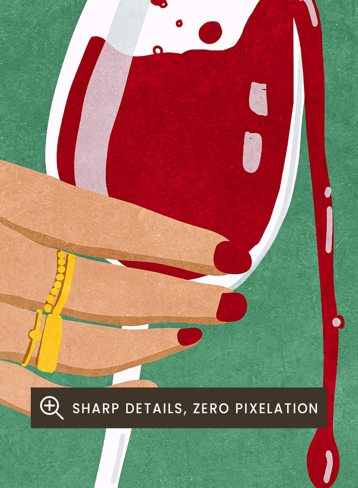 Illustration of hands pouring red wine into glasses on a green background. Cheers Girls by Raissa Oltmanns is a modern wine art print featuring bold red glasses and contemporary girl dinner party wall poster style.