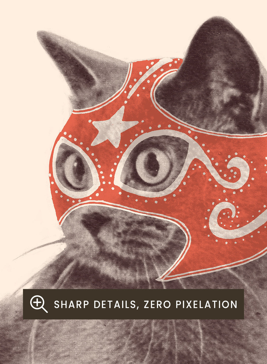 Cat wearing a red mask and underwear on a beige background. Funny Luchador Cat by Florent Bodart is a playful cat art print with bold red mask, a modern wall poster with humorous and surreal animal design.