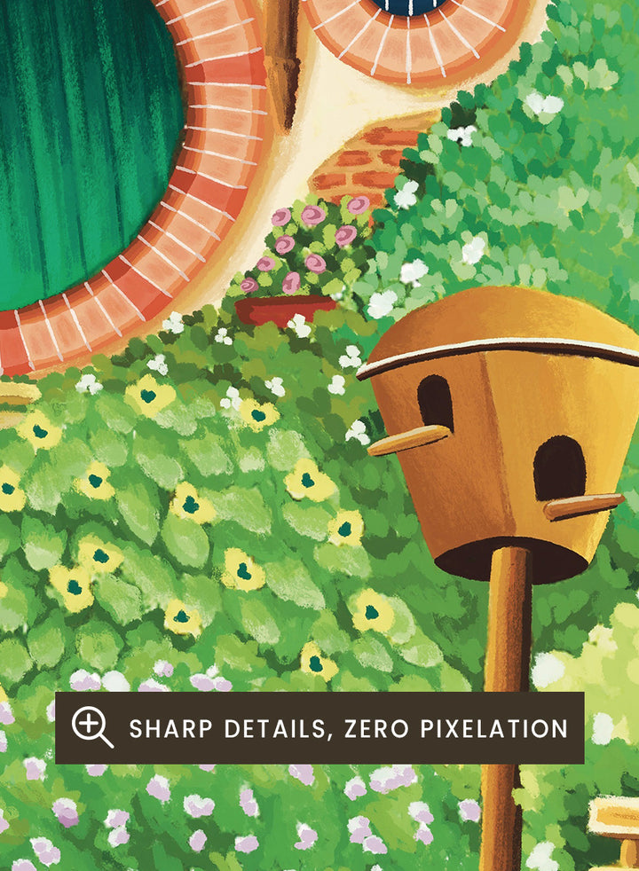 A colorful fantasy-style illustration of a hobbit hillside scene with a round green door, stone steps, flowers, trees, a bench, and a birdhouse under a blue sky. Shop Whimsical Hill House by Nidhi Kachhadiya, a colorful cottage wall art print featuring a garden home, lush greenery, flowers, and playful storybook details.