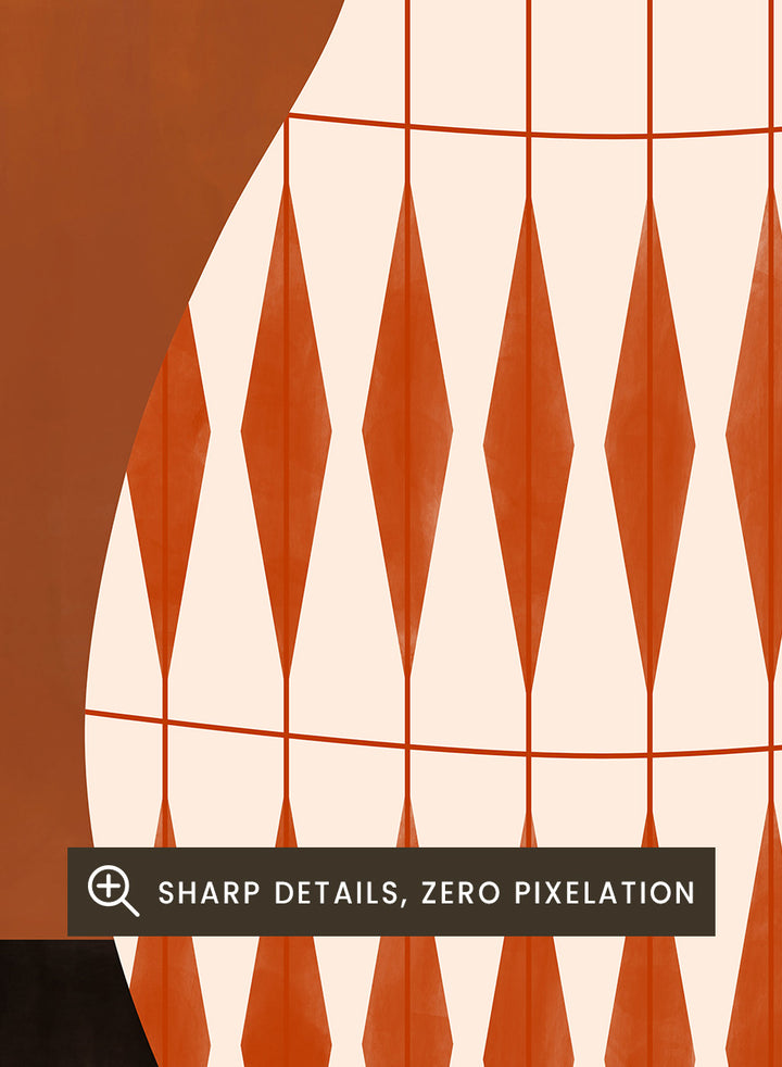 Shop Geometric Orange Vase by Elena Ristova, a modern wall art print poster featuring a cream vase with bold orange diamond patterns and rich rust tones.