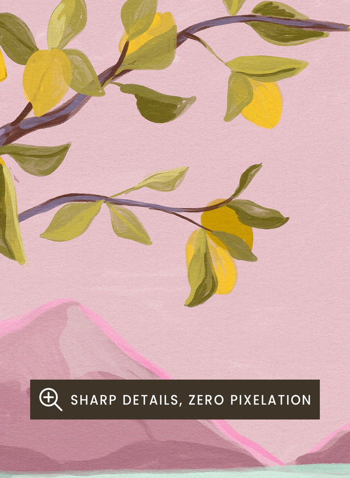 Artistic depiction of a tree by a lake with mountains in the background. Lemon Tree by Goed Blauw is a coastal art print and wall poster featuring a lemon tree, soft pastel sky, and ocean view in warm tones.