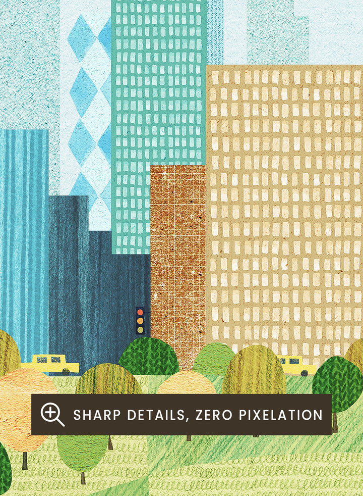 Illustration of a city skyline with trees in the foreground, labeled 'New York'. New York City Park by Longwayhome is a minimalist cityscape art print featuring the New York skyline, green park scenery, and modern travel inspired design.