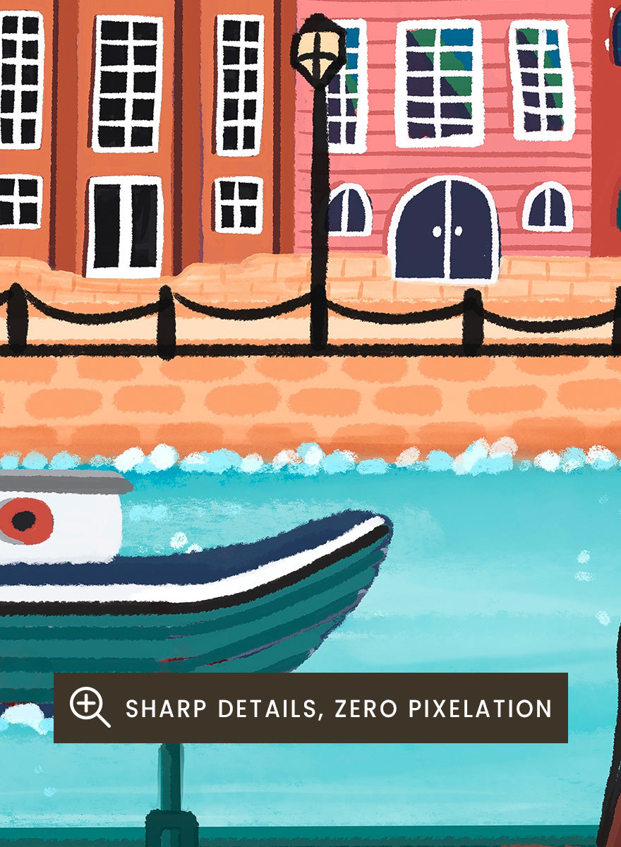 A colorful illustrated city canal scene with row houses, a bicycle, boats, flowers, and a bright sun.  Shop Colorful Amsterdam Canal by Nidhi Kachhadiya, a vibrant Amsterdam wall art print with canal houses, tulips, a bicycle, and colorful city charm.