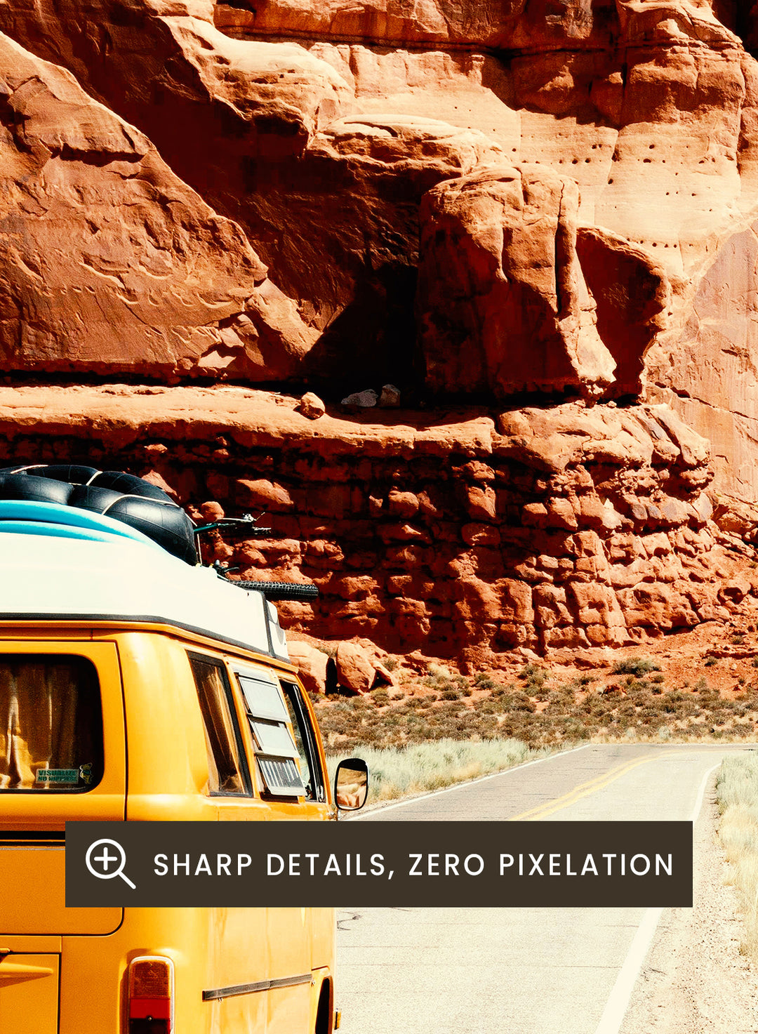 Van on a road with a surreal landscape and optical illusion pattern. The Real Road Trip by Taudalpoi surreal desert road trip art print with vintage van, red rock canyon and hypnotic cosmic sky, retro sci fi poster wall art.