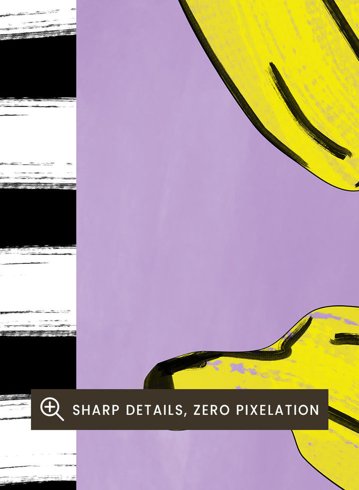 Shop Playful Banana Scatter by Elena Ristova, a banana wall art print poster in yellow, purple, black, and white with a bold striped border.