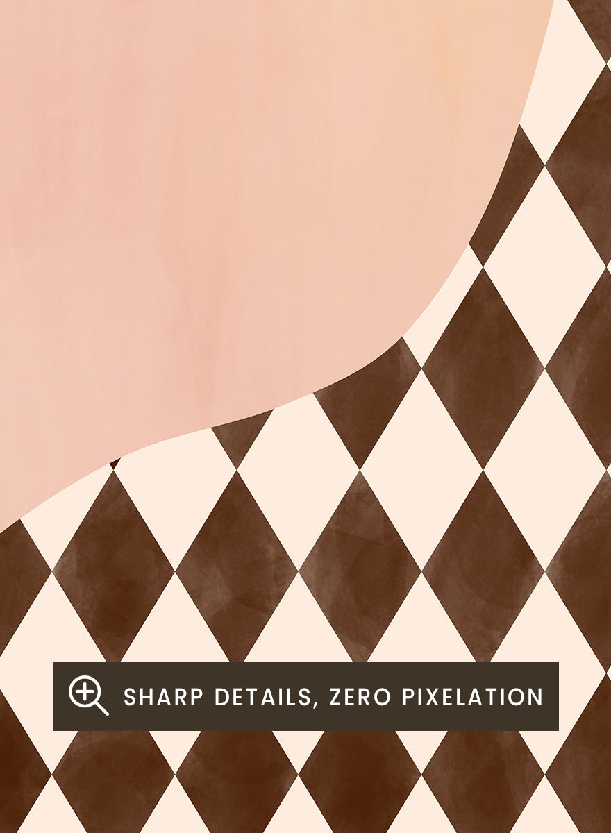 Shop Abstract Harlequin Vase by Elena Ristova, a modern wall art print poster featuring a brown-and-cream diamond vase against a soft pink background.