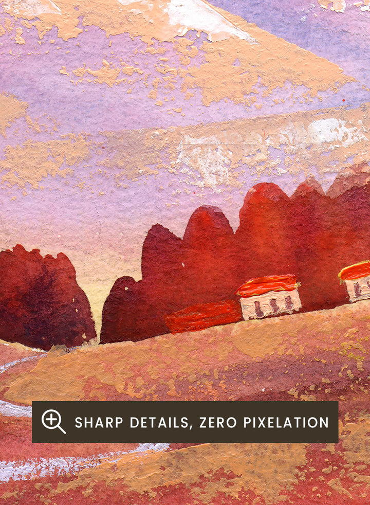 Shop Moonlit Mountain Village by Ekaterina Prisich, a mountain landscape art print featuring a winding road, village homes, a full moon, and soft evening color.