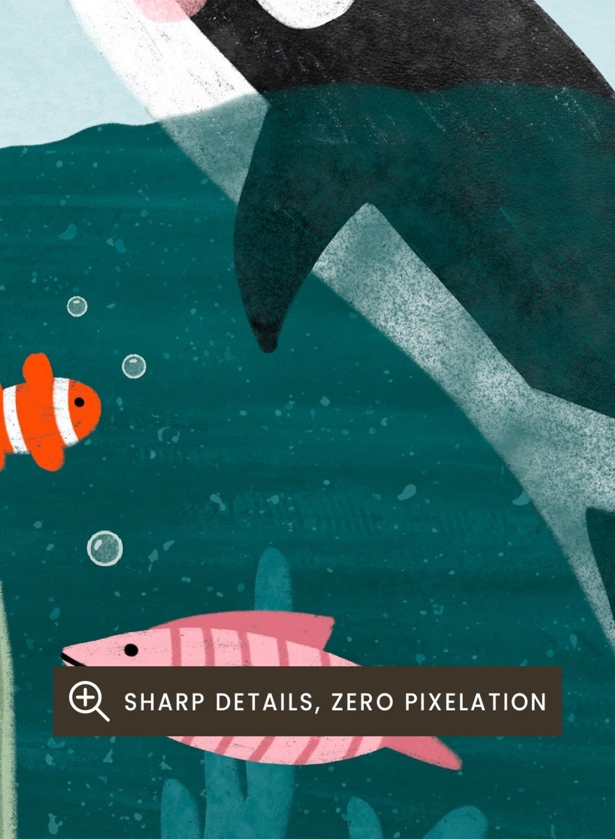 A framed art print featuring a whimsical underwater scene with an orca, coral, fish, and a woman in an orange dress standing on a cliff edge under a sun. Girl Watches Ocean Life by Bea Müller premium framed fine art print featuring a child watching an orca swim through a colorful underwater world.
