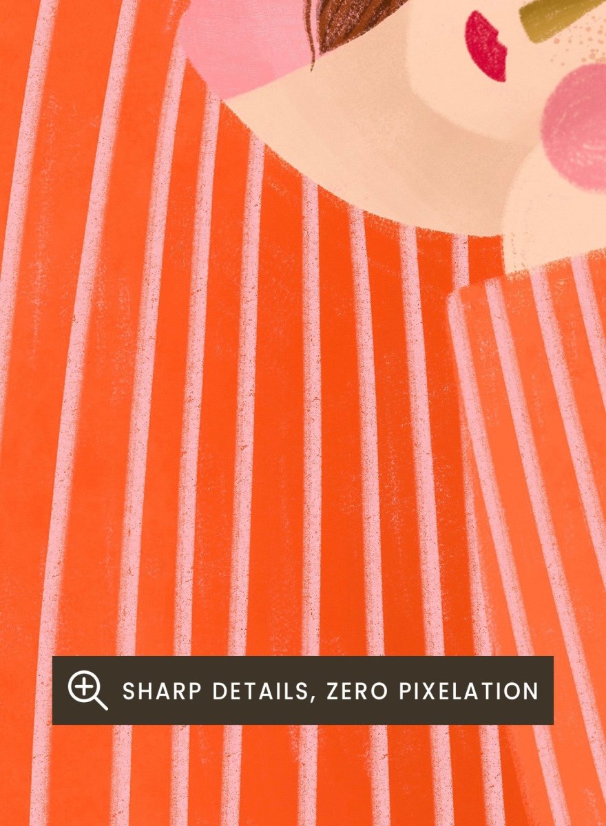A framed art print featuring a stylized illustration of a woman in a flowing orange and white striped dress, posed in a graceful arch against a soft pink background. Thoughtful Girl in Stripes by Bea Müller premium framed fine art print featuring a woman in an oversized orange striped top against a soft pink background.