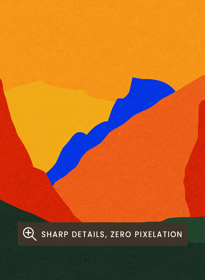 Simplified landscape with red sun, green ground, and brown cliffs. Yosemite Valley by Rosi Feist is a modern minimalist landscape fine art print featuring bold cliffs and a graphic sun. Officially licensed wall poster with optional artisan framing.