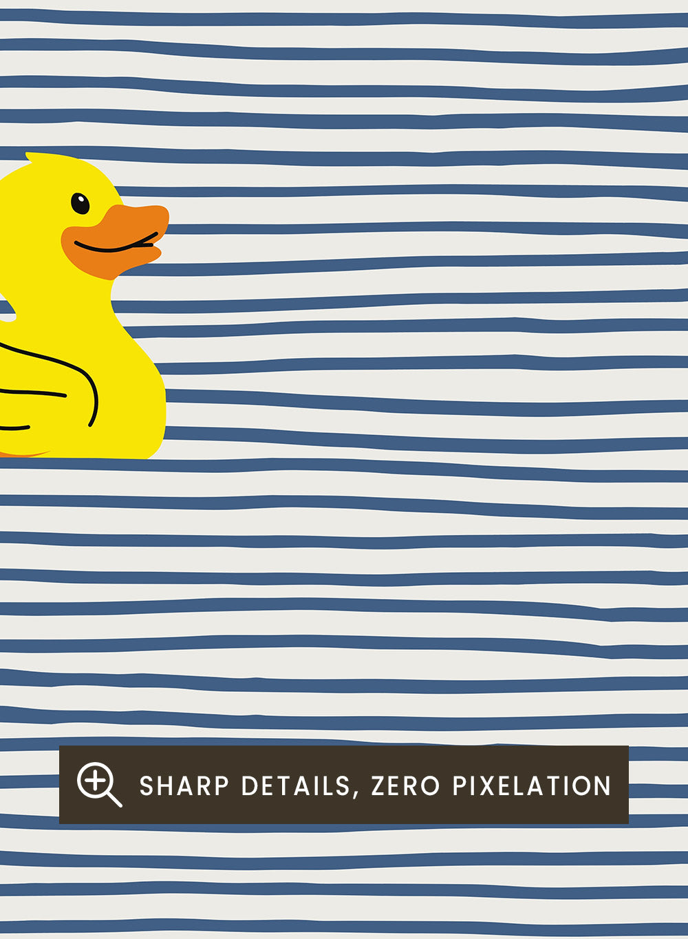 Yellow Duck Afloat art print by Little Dean. Playful duck illustration with blue ocean stripes, modern minimalist wall art, contemporary poster design.