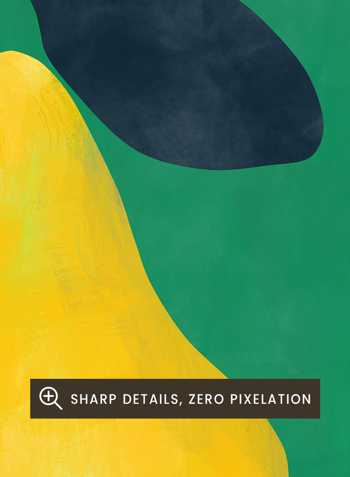 Shop Vibrant Yellow Pear by Elena Ristova, a colorful fruit wall art print poster featuring an oversized yellow pear, dark leaf, and rich green background.