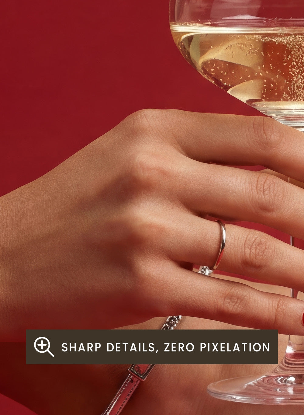 High-heeled shoe holding a glass of white wine against a red background, High Heels and Champagne by Andreas Magnusson is a fashion illustration art print featuring high heels, champagne glass imagery, bold red tones, and modern contemporary wall art style.