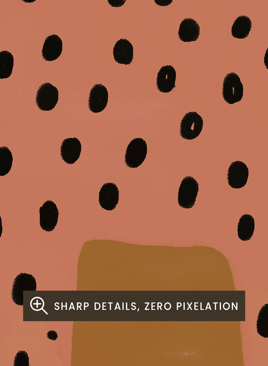 A stylized art print of a tall spotted cat in a pinkish-orange tone with black spots and bright pink boots, set against a warm brown background. Spotted Cat in Boots by The Art Concept playful cat art print featuring a pink spotted cat with long legs, red boots, and a warm ochre background.