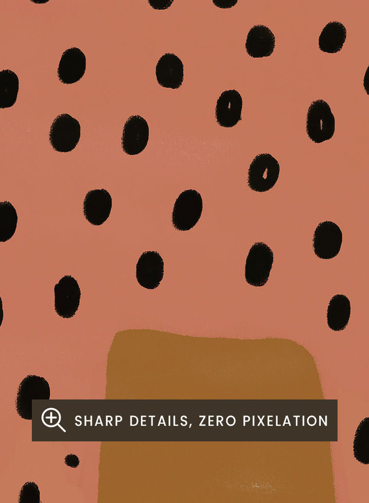 A stylized art print of a tall spotted cat in a pinkish-orange tone with black spots and bright pink boots, set against a warm brown background. Spotted Cat in Boots by The Art Concept playful cat art print featuring a pink spotted cat with long legs, red boots, and a warm ochre background.