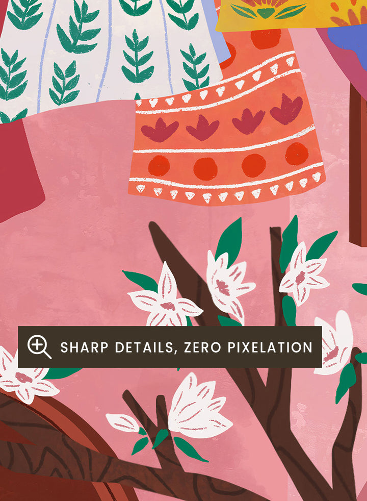 A framed art print featuring a colorful Mediterranean-style illustration of a pink courtyard with a woman sitting under a flowering tree, laundry hanging in the background, and a blue sky above. Pink Village Courtyard by Ceyda Alasar art print featuring pink architecture, patterned rugs, flowering trees, potted plants, and relaxed courtyard life.