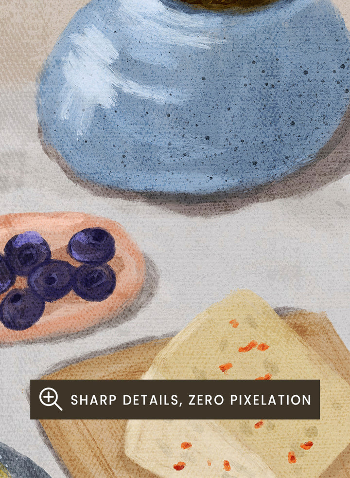 A still life painting of fruit and bread on a draped table, with pears, blueberries, a loaf of bread, cheese, a pink goblet, and a blue vase holding orange branches, all rendered in a soft painterly style. Shop Rustic Pears Still Life by Dirkie Nell, a colorful kitchen still life art print featuring pears, bread, cheese, blueberries, orange berries, and a blue vase.