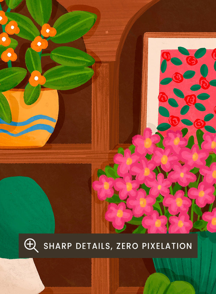 A colorful cartoon-style illustration of a wooden bookshelf filled with potted plants, flowers, books, a lamp, a clock, a radio, and other home decor items, set against a striped wall. Shop Cozy Botanical Shelf by Nidhi Kachhadiya, a colorful botanical wall art print featuring houseplants, flowers, vintage decor, and warm green and pink tones.