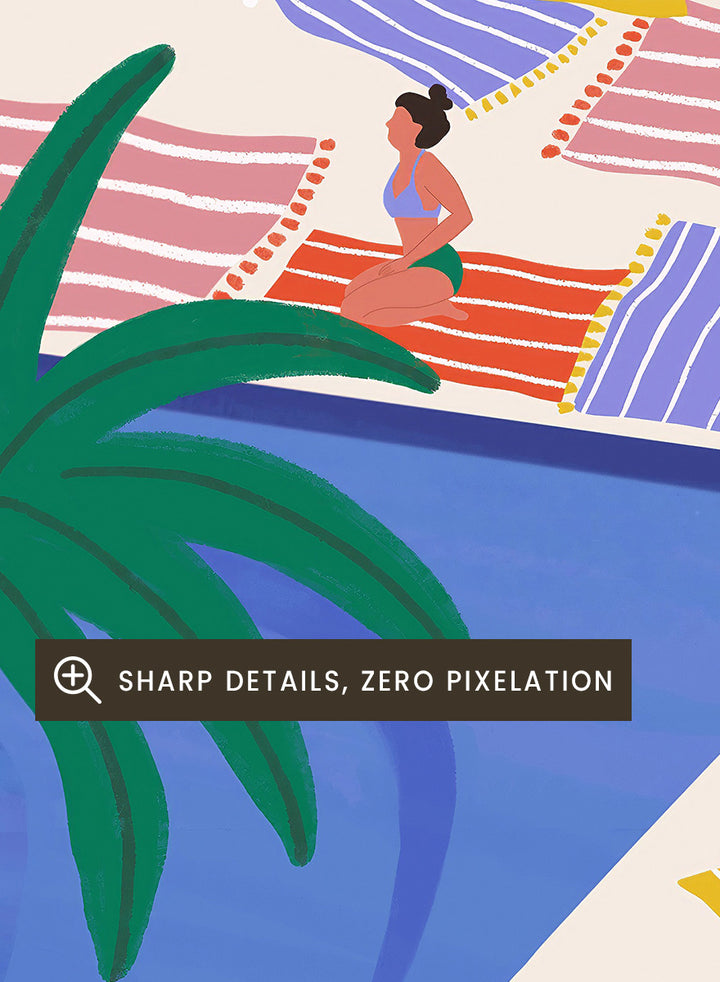 A stylized art print depicting a Mediterranean resort scene with palm trees, beach umbrellas, lounge chairs, a swimming pool, and pastel-colored buildings under a light blue sky. Mediterranean Poolside Retreat by Ceyda Alasar travel art print featuring a colorful coastal resort, palm trees, sunbathers, striped umbrellas, and sea views.