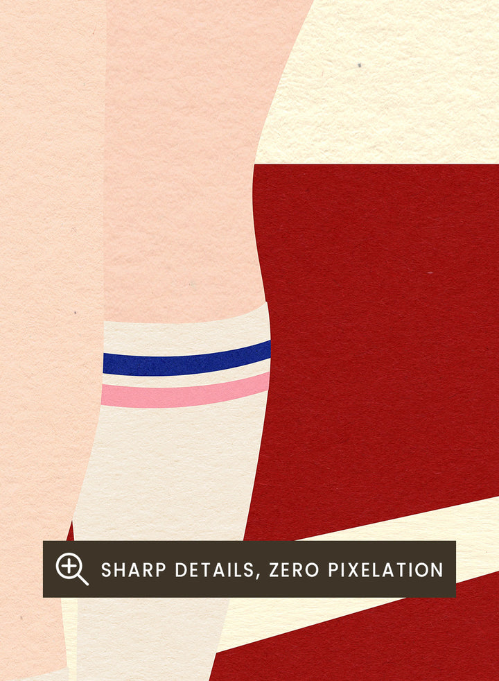 Illustration of a person in a white panty with a red cap on a beige and red background. Panties Socks Cap by Rosi Feist is a modern fashion art print with sporty minimalism, bold color blocking, and contemporary graphic poster style.