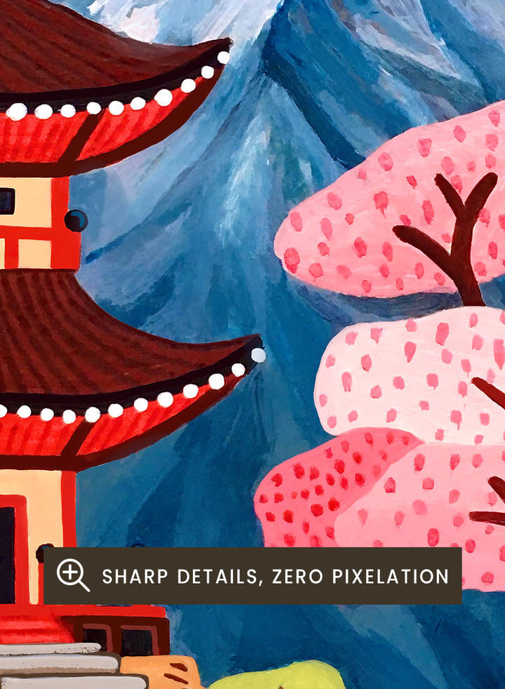A colorful Japanese-style landscape artwork showing a red pagoda beside a red bridge over blue water, with pink cherry blossoms, a mountain, and a red sun in the sky. Shop Japanese Pagoda Spring Landscape by Nidhi Kachhadiya, a colorful Japan travel wall art print featuring Mount Fuji, cherry blossoms, a red pagoda, and spring scenery.