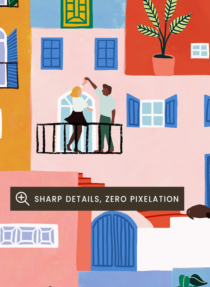A framed art print featuring a colorful, whimsical illustration of Mediterranean-style buildings with people, animals, and plants. Colorful Town Life by Ceyda Alasar city art print featuring vibrant buildings, balconies, neighbors, plants, and lively urban details in bold color.