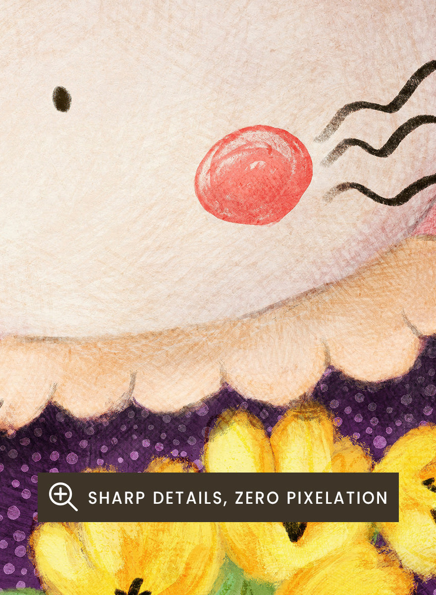 A framed art print featuring a whimsical illustration of a white rabbit in a purple dress holding yellow flowers, set against a pink oval background. Shop Charming Bunny With Tulips by Dirkie Nell, a playful animal portrait art print featuring a white bunny, yellow tulips, purple dress, and soft pink tones.