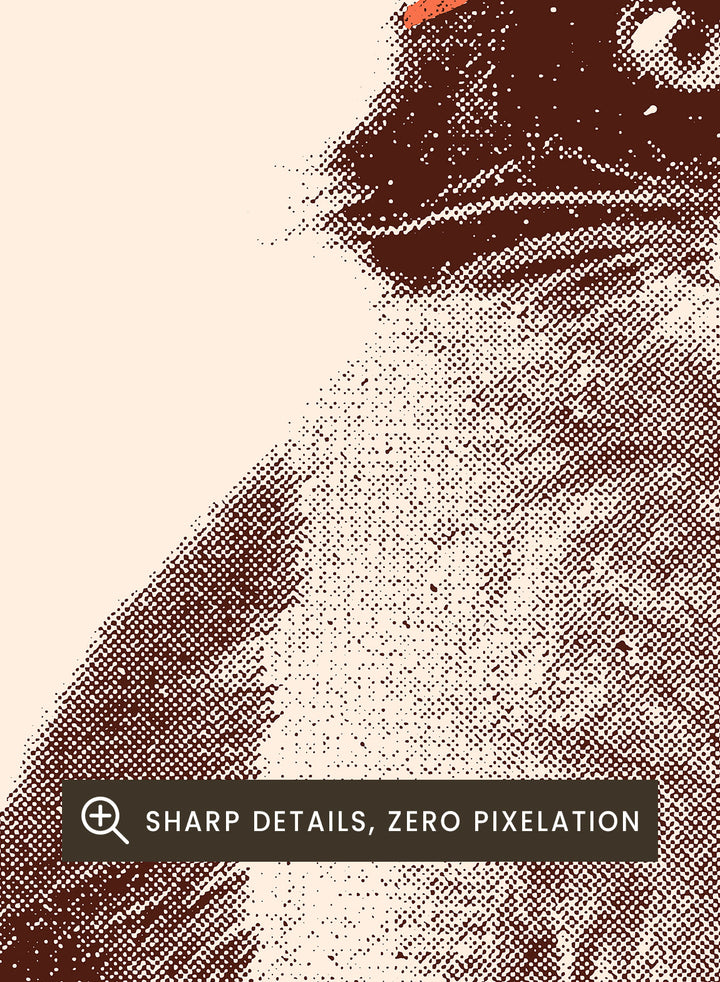 Cat wearing a striped bandana with a tennis ball on a beige background. Retro Tennis Cat by Florent Bodart is a playful cat art print with vintage tennis style, a modern wall poster with retro texture, humor, and character.