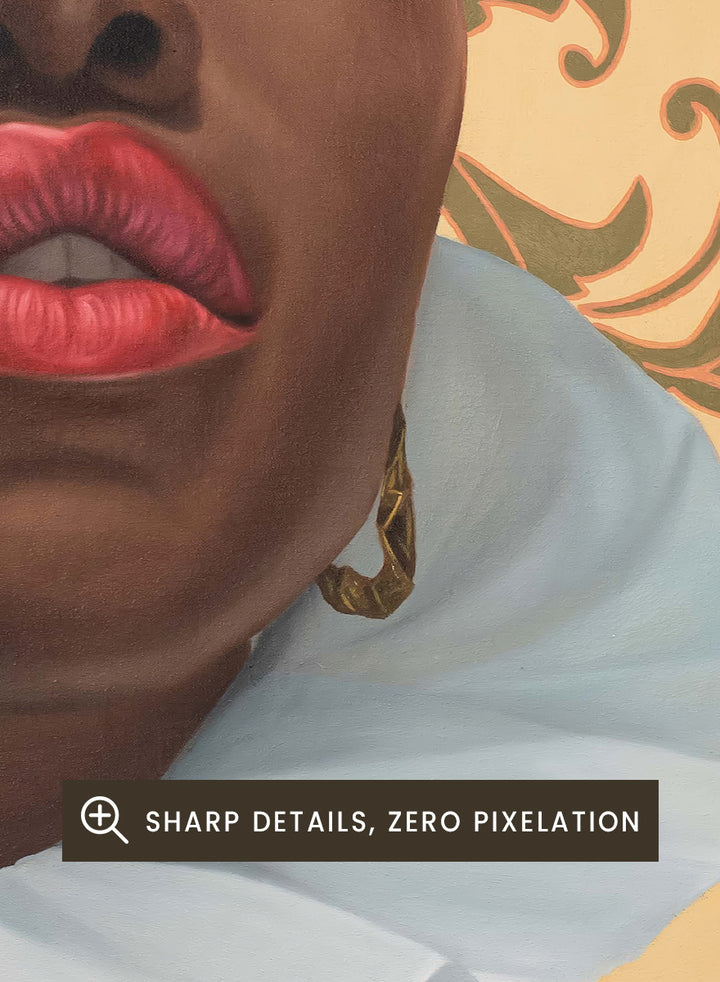 A portrait-style artwork of a person with a shaved head, wearing a large white ruffled collar and gold hoop earrings, set against an ornate beige and olive damask pattern. Shop Regal Woman Ruffled Collar by Damilare Jamiu, a contemporary Black portrait art print with a dramatic white collar, gold earrings, and warm cream tones.