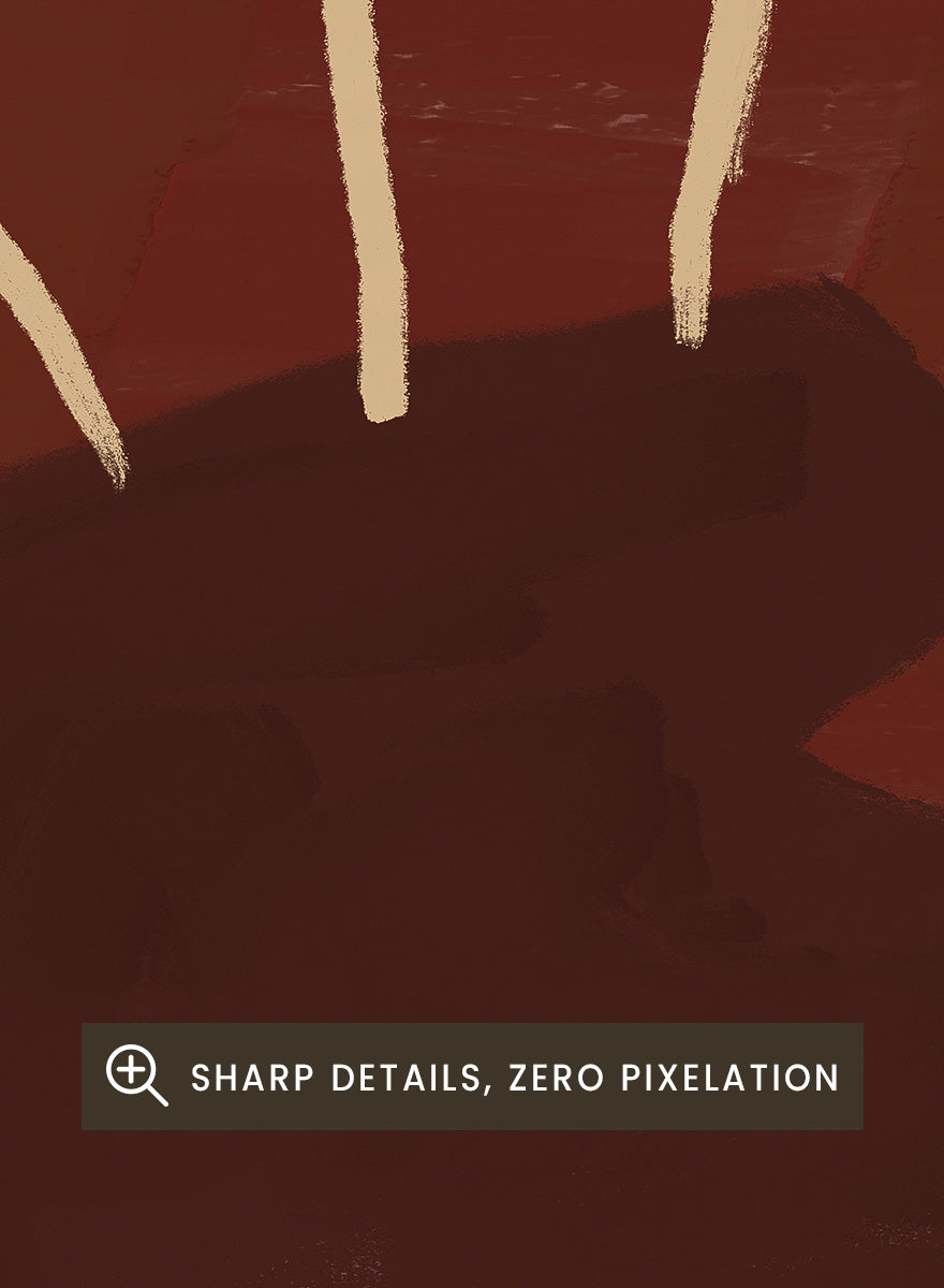 An art print featuring a dark brown abstract vase with cream branching stems on a deep reddish-brown background, framed by a beige and dark brown checkered border. Minimalist Vase Plant by The Art Concept still life art print featuring a dark vase, cream stems, checkerboard border, and warm rust-brown tones.