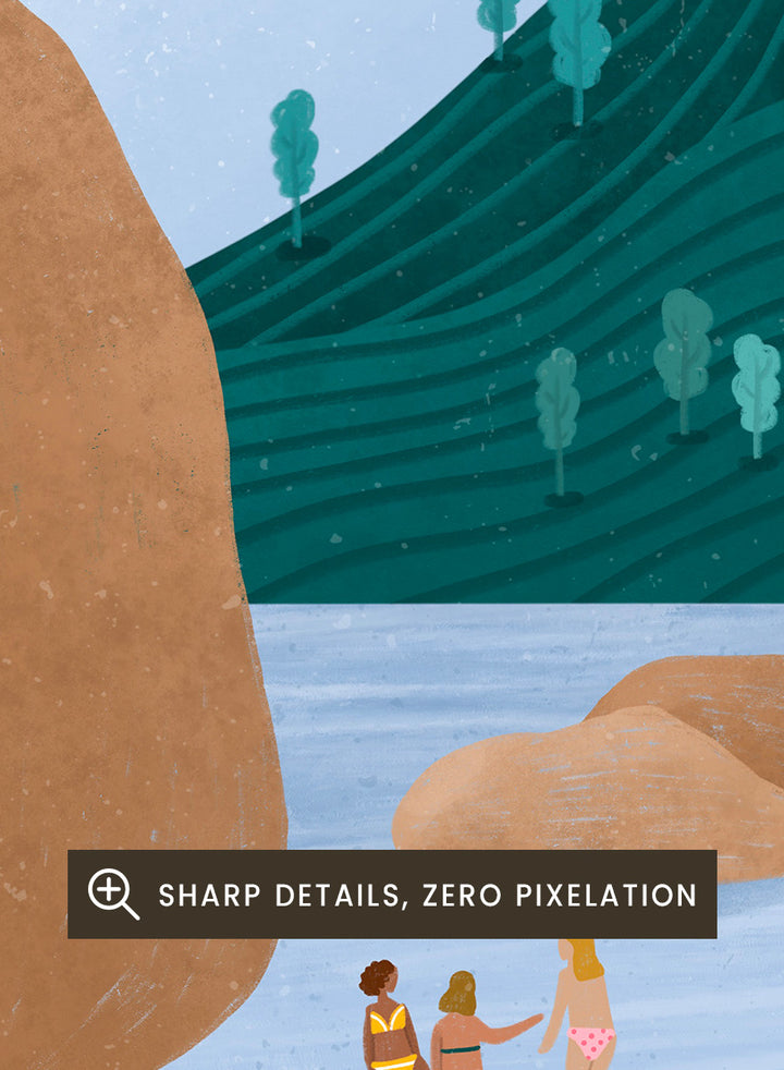 A framed art print featuring a stylized beach scene with a large teal-green mountain, blue water, a yellow sun, and beachgoers under striped umbrellas on a sandy shore. Relaxing Mountain Beach by Bea Müller coastal art print featuring swimmers, striped towels, yellow umbrellas, and a sweeping teal mountain.