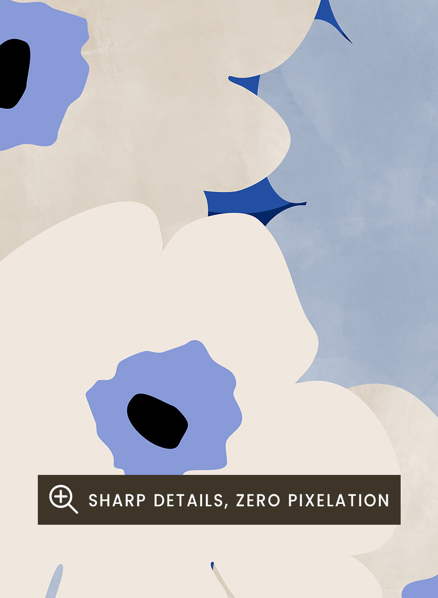 Shop White and Blue Flowers by Elena Ristova, a modern floral wall art print poster featuring oversized cream and blue blooms with bold cobalt and black details.