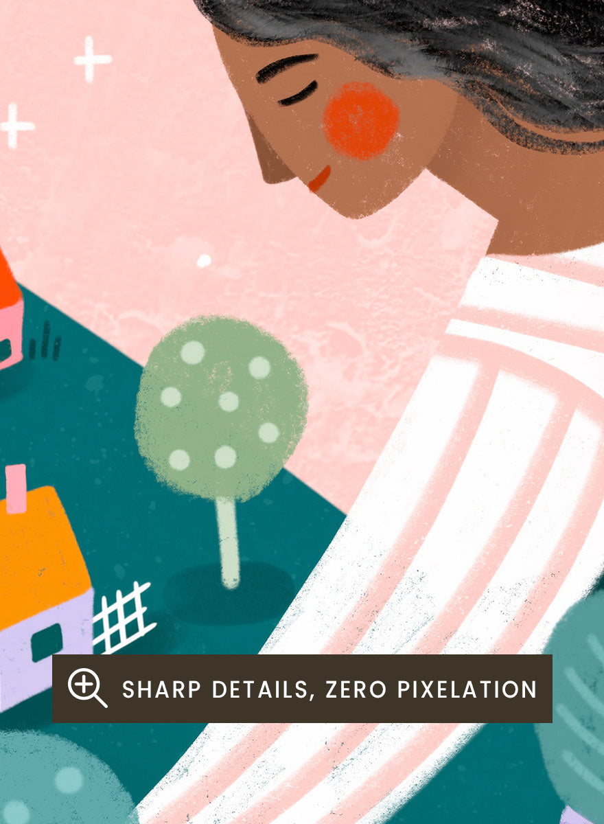 Shop Idyllic Village Gathering by Bea Müller, a figurative wall art print poster featuring a woman in a whimsical village landscape beneath a pink sky.