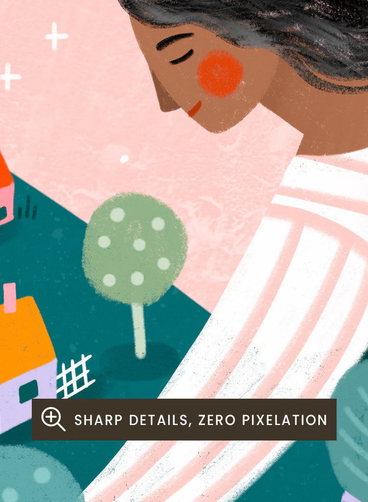 Shop Idyllic Village Gathering by Bea Müller, a figurative wall art print poster featuring a woman in a whimsical village landscape beneath a pink sky.