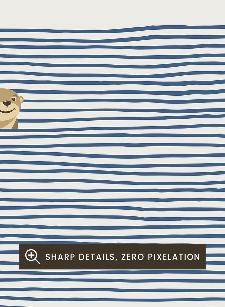 Otter in the Waves art print by Little Dean. Playful contemporary wall art featuring a smiling otter, blue wave pattern, minimalist illustration, and modern poster design.