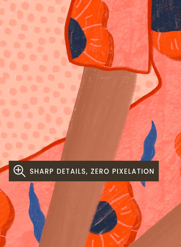 A stylized fashion illustration of a seated woman in a coral pink dress with large orange poppy motifs and blue leaf accents, shown with a white border and black frame. Stylish Poppy Portrait by Bea Müller floral woman art print featuring a pink dress covered in orange poppies and blue leaves for colorful modern wall decor.