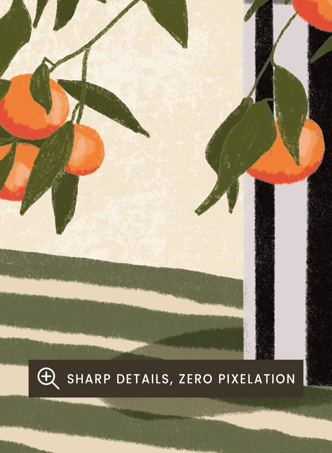 A stylized still life illustration of orange branches with green leaves and ripe oranges arranged in a black-and-white striped vase on a striped surface against a warm cream background. Orange Branches Vase by Lisa Solomoniuk premium framed fine art print featuring bright orange fruit, green leaves, and a striped black-and-white vase.