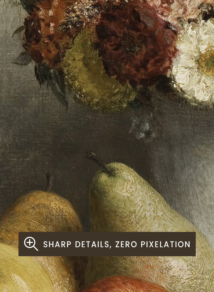 Shop Flowers and Fruit by Henri Fantin-Latour, a vintage still life wall art print poster featuring flowers, pears, apples, and grapes in warm brown tones.