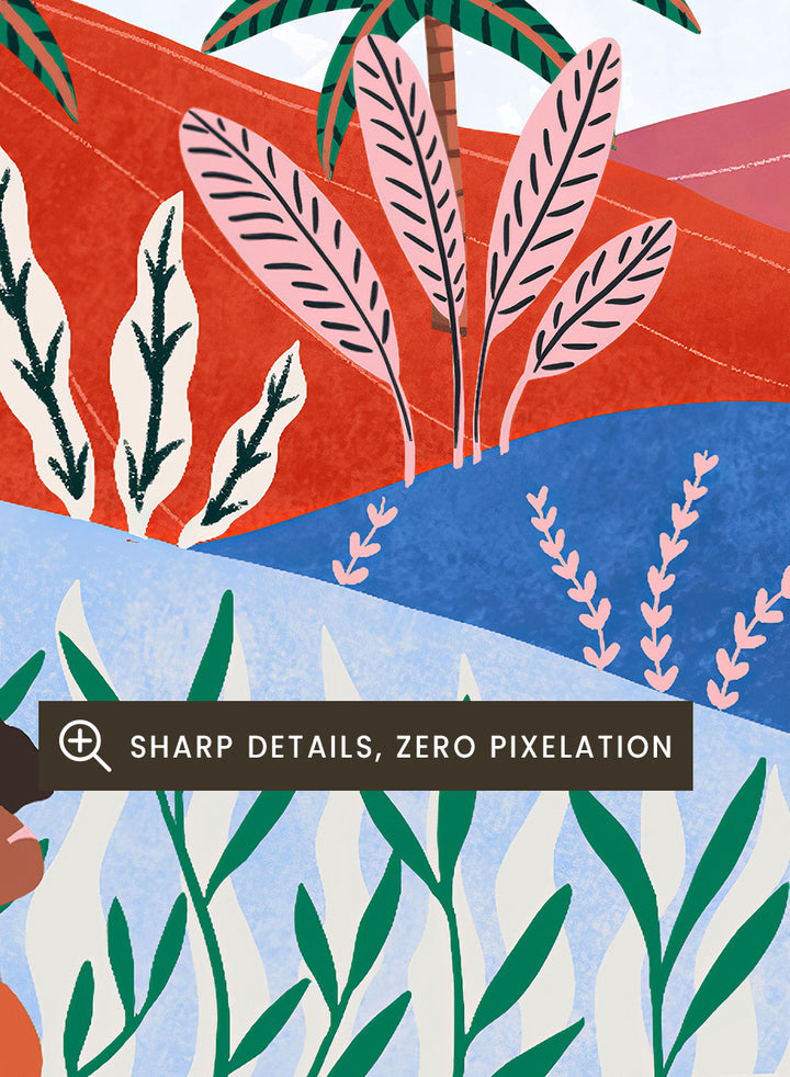 A framed art print featuring a colorful, stylized landscape illustration with rolling hills, palm trees, a sun, and small human figures in a folk-art style. Tropical Surf Girls by Ceyda Alasar surf art print featuring women riding waves through a colorful palm-filled landscape in bold tropical tones.