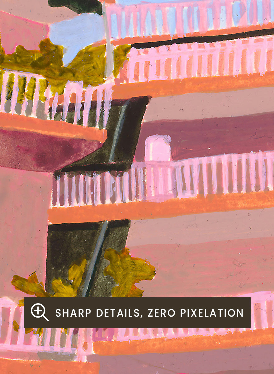 Shop Pink City Balconies by Sophia Novosel, a colorful city wall art print poster featuring pink apartment buildings, green awnings, balconies, and blue sky.