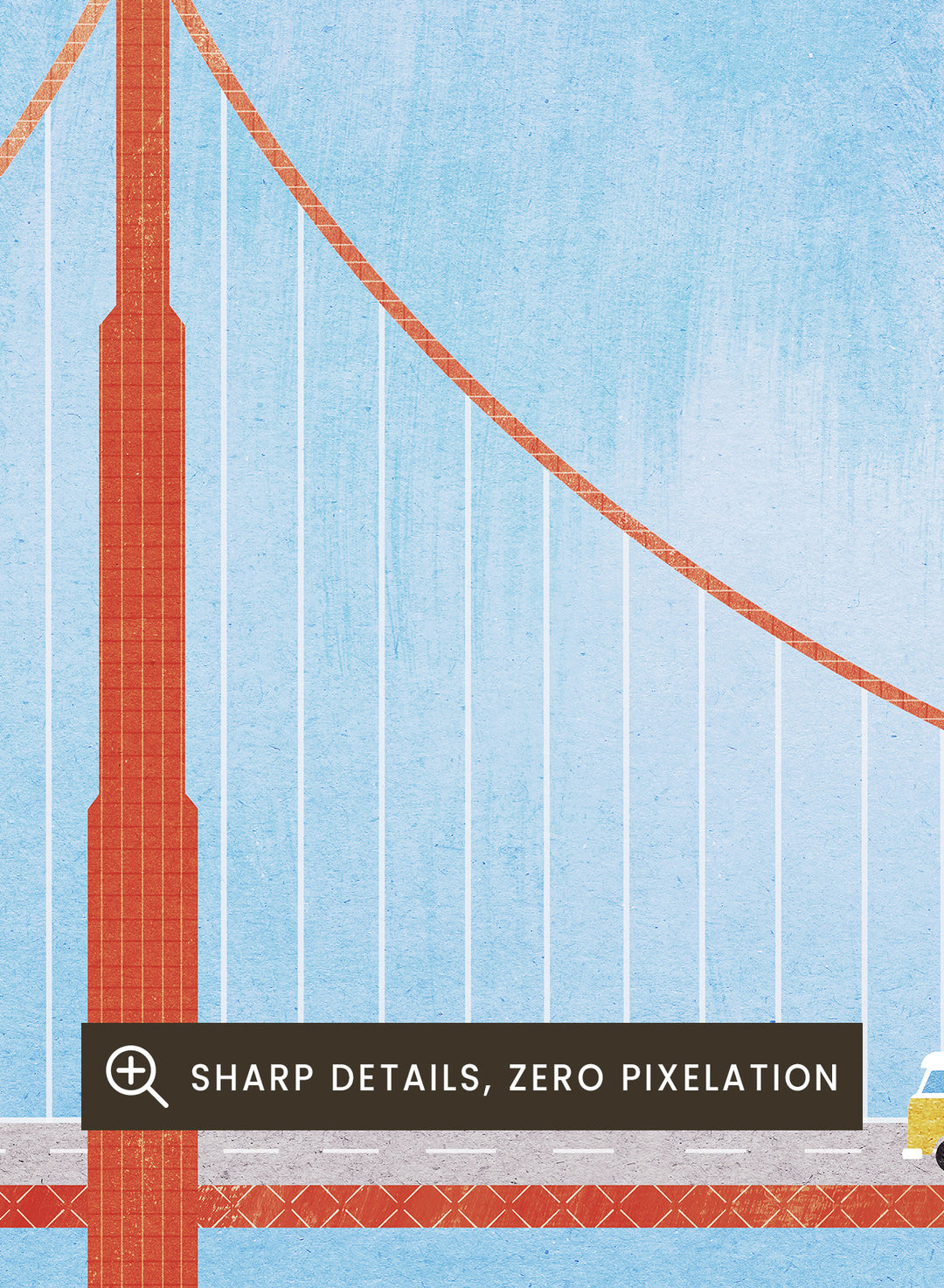 Illustration of the Golden Gate Bridge with a van and birds in San Francisco, United States. Golden Gate San Francisco by Longwayhome is a minimalist travel art print featuring the Golden Gate Bridge, coastal California scenery, and modern mid century inspired design.