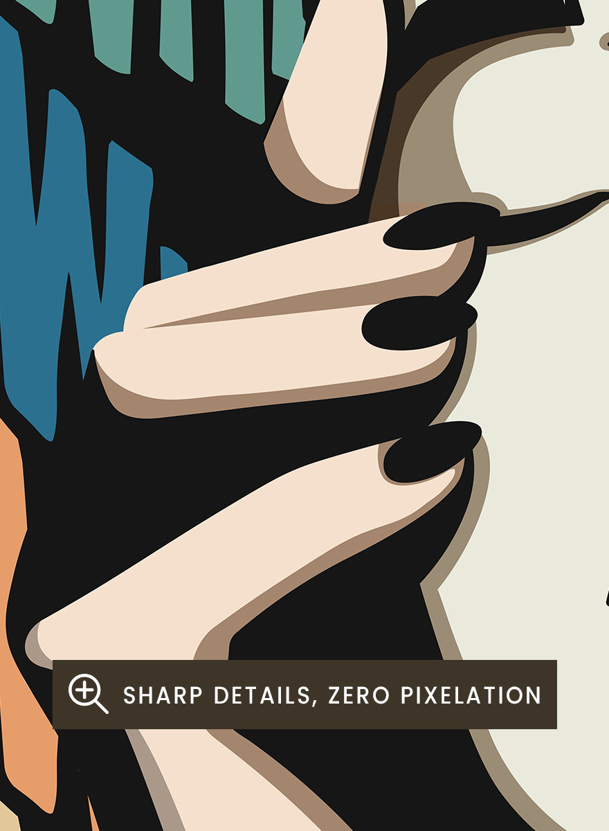 A stylized graphic art print featuring a person in a black outfit holding a white mask in front of their face, with the text &